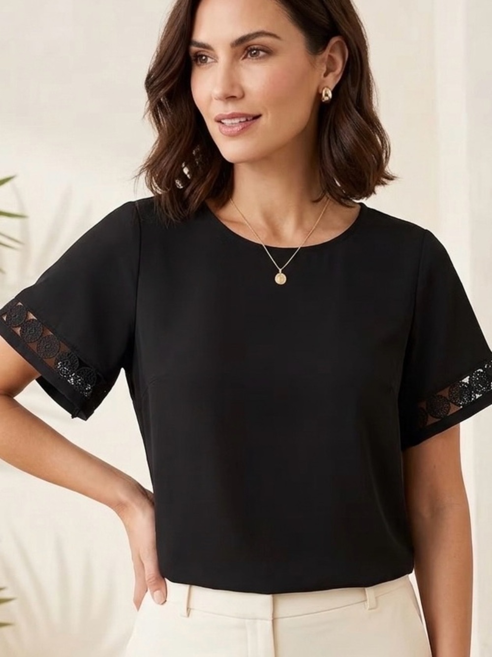 Anne Klein Black Short-Sleeve Lace-Trim Blouse